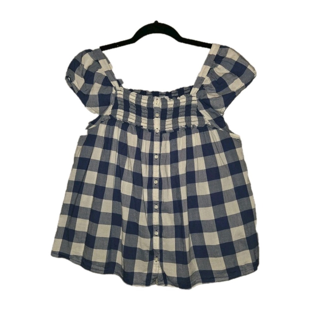 Old Navy Smocked Gingham Top Blue White Women's Medium Short Puff Sleeve Blouse